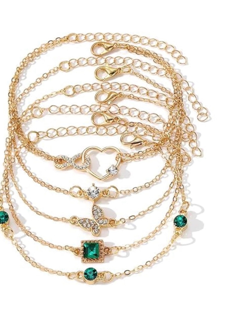 Gold Layered Bracelet Set with Green Crystal Accents